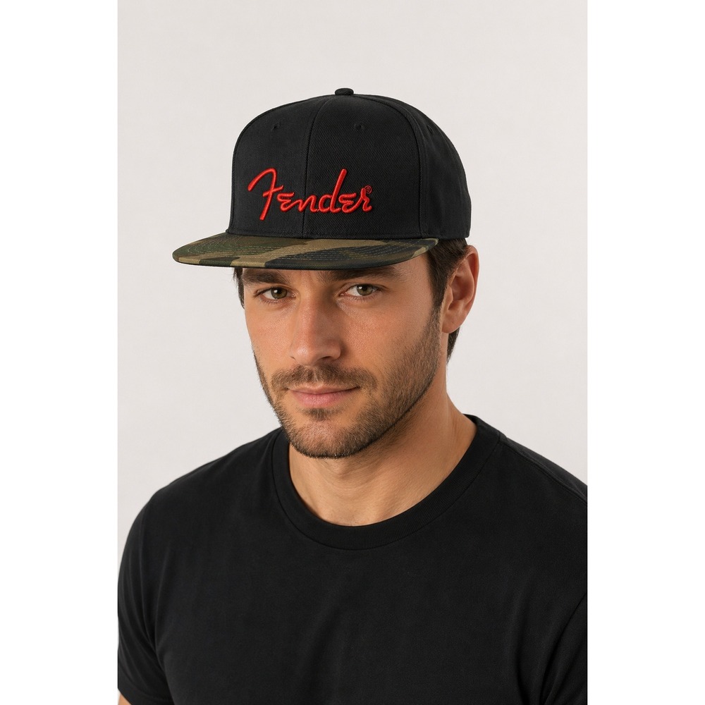 Fender Black Camo Flat Bill Snapback Hat Adjustable Baseball Cap New Tags